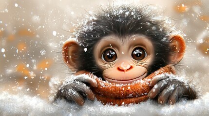 Sticker -   A monkey wearing a scarf sits in the snow surrounded by snowflakes