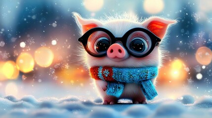 Wall Mural -   A pig with glasses and a scarf stands in snow before a book of lights