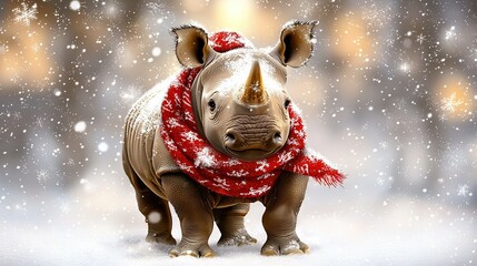 Canvas Print -   A rhino wearing both a red and a red-white scarf stands in the snow