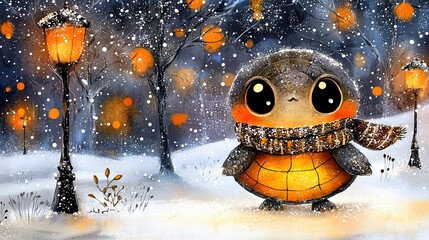 Wall Mural -   A turtle with a scarf stands in snow by a lamp post