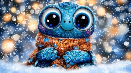 Wall Mural -   A blue and orange stuffed animal rests atop a snowy mound beside a Christmas ornament