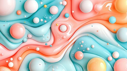 Poster -   An abstract painting of blue, pink, yellow, and orange colors with bubbles scattered at the base