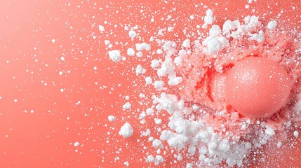 Poster -   A close-up of a powdered object on a pink background with a droplet of water on top