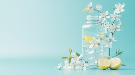 Wall Mural -   A glass bottle of water adjacent to lemons and a white-flowered branch on a light blue backdrop