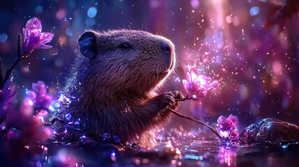 Wall Mural -   Close-up of rodent with flowers in its mouth and water droplets on its surface