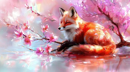 Wall Mural -   A red fox sitting on a branch of a tree with pink flowers on it