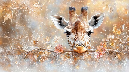 Wall Mural -   A painting of a giraffe peeking through a tree with snow covering the ground below