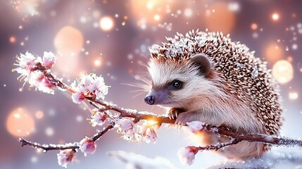 Wall Mural -   Hedgehog perched on tree branch with snow covering ground, hazy backdrop