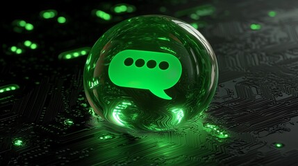 Sms icon with a neon green light, on a black background with a high-tech floor. 3D render.