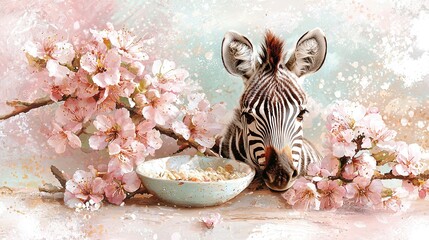 Sticker -   A stunning portrait of a zebra savoring cereal from a bowl while surrounded by a delicate pink blossom branch