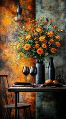 Wall Mural -   A painting depicts a table with two wine glasses, a vase of flowers, and another vase of flowers