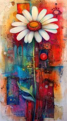 Wall Mural -   A painting of a giant white bloom on a multicolored canvas, resembling an artwork