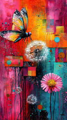 Wall Mural -   Butterfly on Dandelion, Red-Yellow-Blue Background