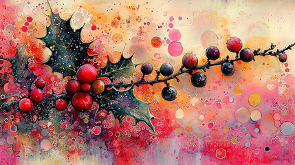 Wall Mural -  Holly berries on a branch with water droplets