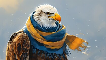 Wall Mural - Eagle with a blue and yellow scarf soaring high in the sky, its brown feathers glistening against a backdrop of clouds, gazing thoughtfully at the ground below.