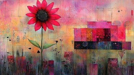 Wall Mural -   A vibrant painting features a grand red flower against a backdrop of pink, yellow, and red, adorned with squares and dots