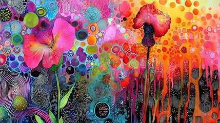 Wall Mural -   A painting of multicolored flowers and bubbles on an orange, yellow, pink, blue, green, purple, and black background