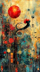 Wall Mural -   A bird with a red ball in its mouth, painted against a backdrop of a cityscape