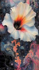 Wall Mural -   A huge white bloom rests atop a vibrant blue-pink water expanse, surrounded by foamy bubbles