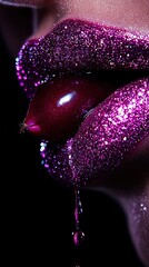 Wall Mural -  Close-up of woman's lips adorned with purple glitter, droplet of liquid escaping