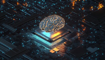 The digital brain is connected to the data center. A concept based on the stock market