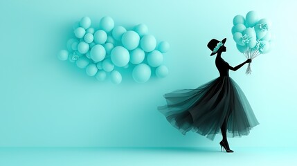 Wall Mural -   A woman in a black dress holding a cluster of balloons against a blue wall adorned with balloon clusters