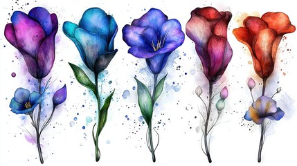 Wall Mural -   A Watercolor Flower Group on White Background