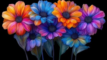 Wall Mural -   A cluster of vibrant blooms resting beside each other atop a dark backdrop against a black background