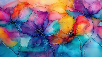 Canvas Print -   A vibrant depiction of blooming hues against a azure-yellow backdrop, featuring a striking combination of red, yellow, orange, and blue flora at its focal