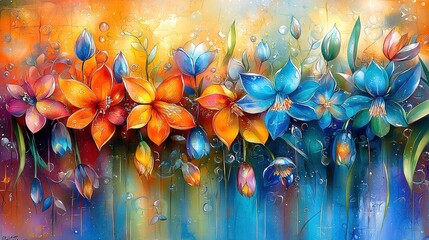   Orange and blue flowers grace the canvas, drizzled with water against a vibrant backdrop of blue, orange, and yellow