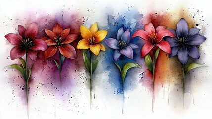 Wall Mural -   A cluster of blooms in watercolor hues set against a white canvas with a splash of color at the base