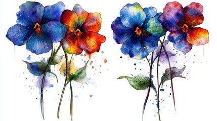 Wall Mural -   A watercolor depiction of three blossoms adorned with emerald stalks, their petals boasting vibrant shades of crimson and azure, while the adjacent fol