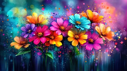 Wall Mural -   A painting of colorful flowers on a blue, pink, yellow, and green background with paint droplets