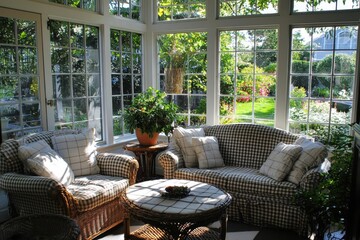 an english country style house's conservatory has check pattern furniture. stock photos