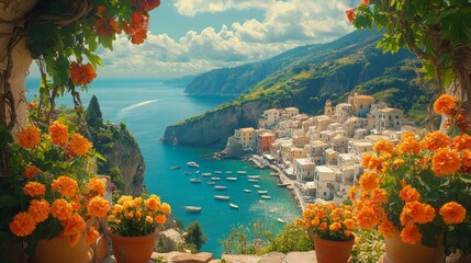 Mediterranean Town View Framed by Flowers