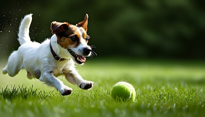 Dynamic midjump of a Jack Russell Terrier chasing a ball in vibrant green grass against a clean white background