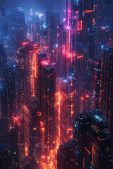 Wall Mural - A cityscape with neon lights and buildings lit up in red and blue