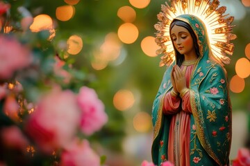 Statue of our lady of guadalupe praying in rose garden with bokeh lights