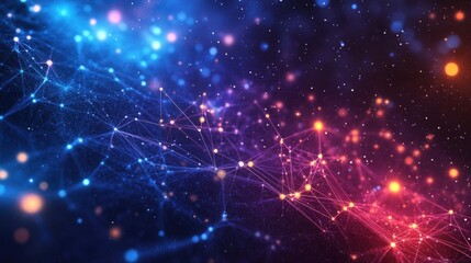 A vibrant display of intricate digital network connections with glowing nodes, set against a cosmic starry background