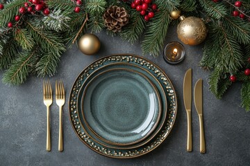 Christmas table setting with empty plates and golden cutlery