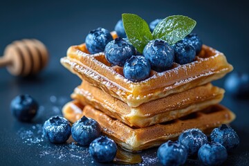 Stack of waffles topped with fresh blueberries and icing sugar being drizzled with honey