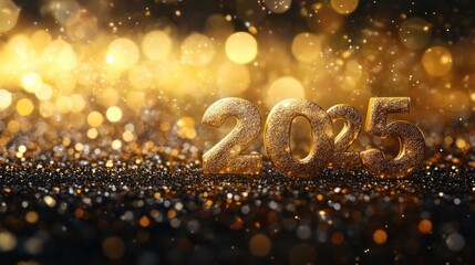 Wall Mural - sparkling golden 2025 numerals against glittering bokeh background