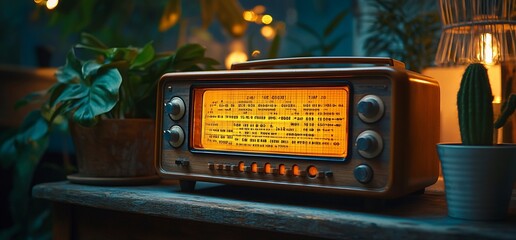 A vintage radio with an illuminated display, surrounded by plants in a cozy setting.