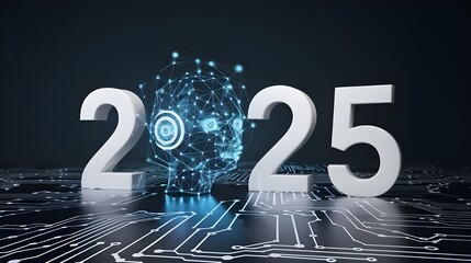 2025, a futuristic vision of innovation and AI artificial intelligence, highlighting the role of robots and technology, new year machine development for business goals