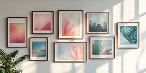 a wall in bright room full of framed art with plants on the floor