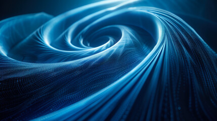 A dynamic blue vortex swirls in a digital landscape, with glowing particles illuminating its depth and creating an abstract, captivating effect.