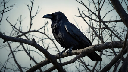 Black raven on spooky tree branch background. Halloween concept.