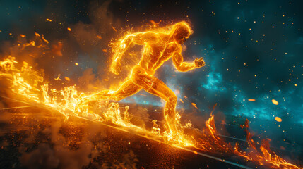 A silhouette of a running figure surrounded by flames against a dark backdrop with blue accents.