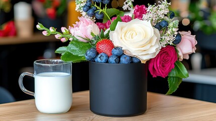   A table with a glass of milk and a vase with flowers and berries on it, and two glasses of milk beside it