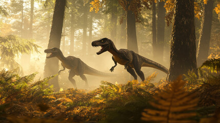 Wall Mural - A pair of Velociraptors stealthily moving through a foggy forest, their eyes glowing faintly in the misty light. The forest floor is covered with